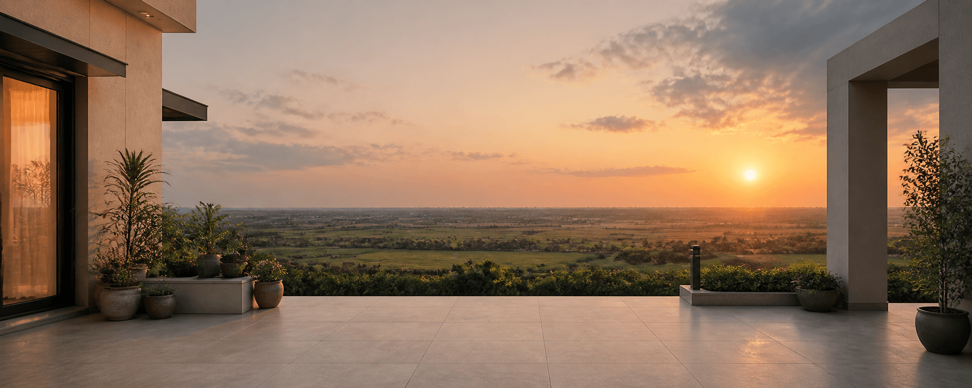 Villa terrace overlooking the Dholera landscape at sunset